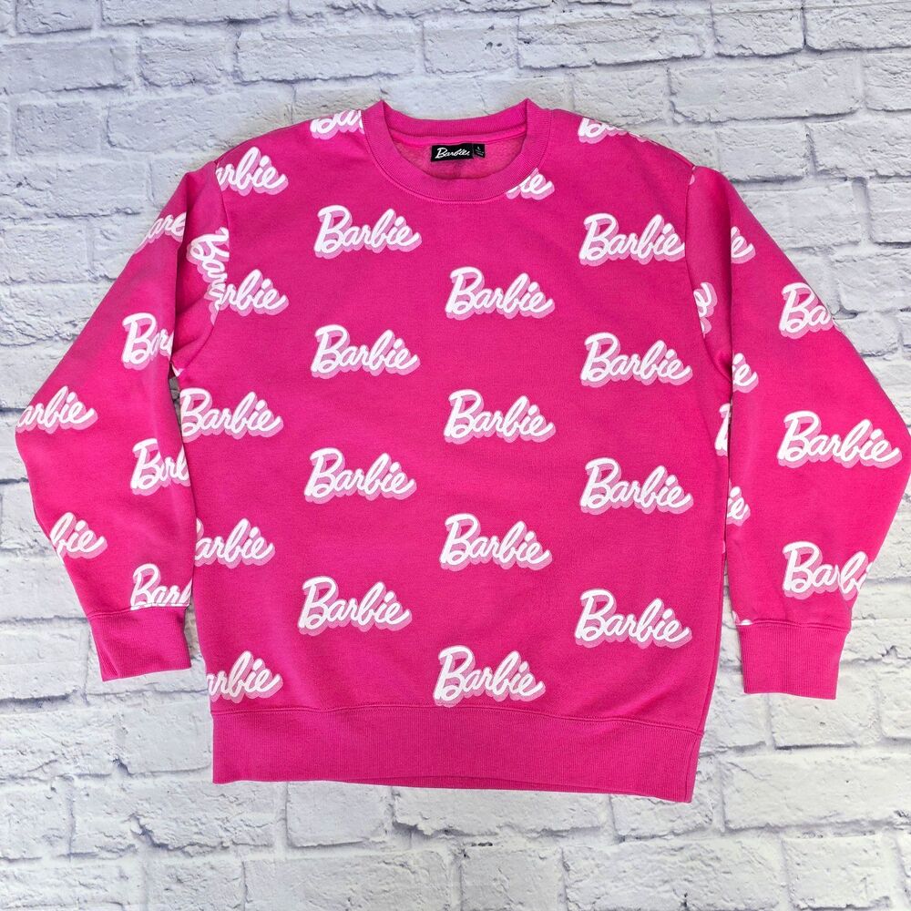 Barbie Pink/White Allover Logo Graphic Crewneck Pullover Sweatshirt Women L